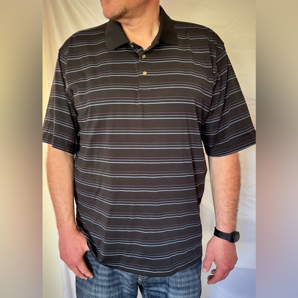 Kirkland Brand Men’s Black Short Sleeve Polo Shirt w/Purple & Turquoise Stripes - Picture 2 of 6